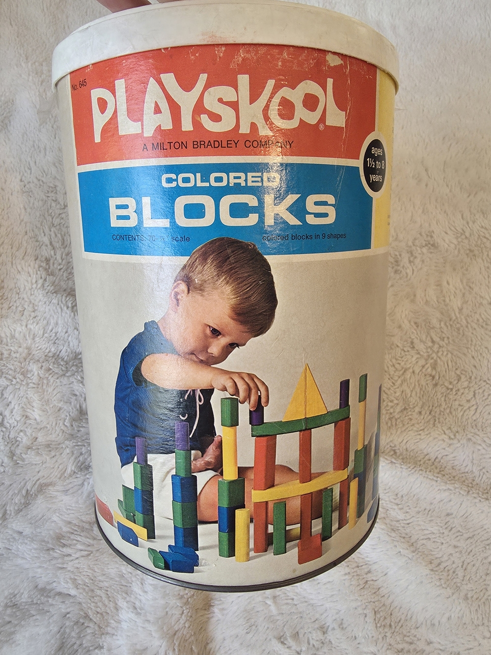 Playskool Vintage 1972 Wood Colored Blocks Set w/ Original Canister 58 Pieces